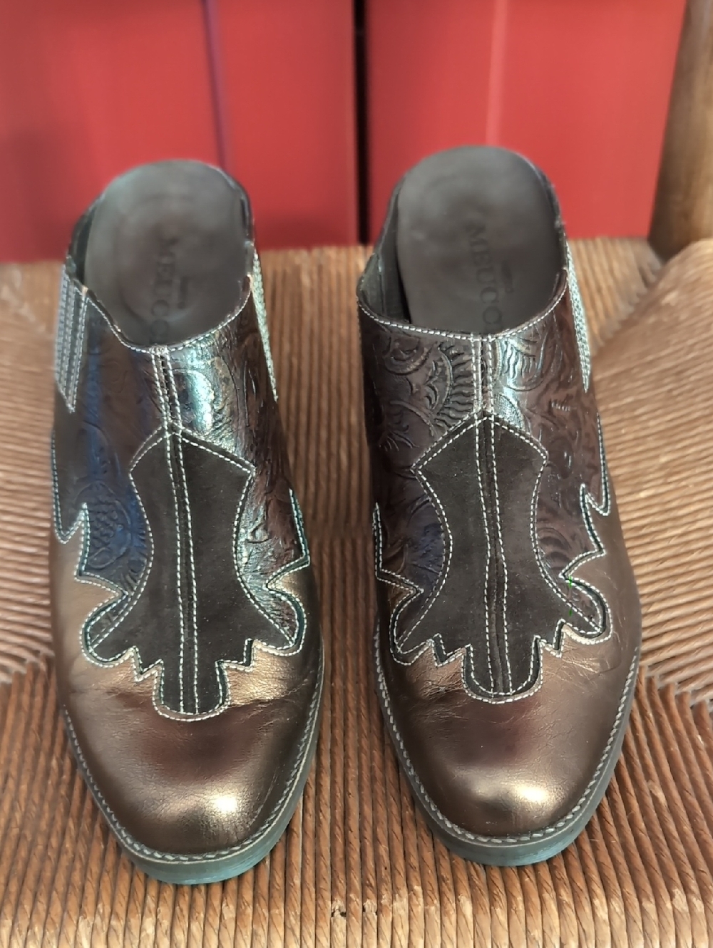 Meucci Women Tooled Leather Slip-On Mules in Dark Brown/Copper Size 8.5